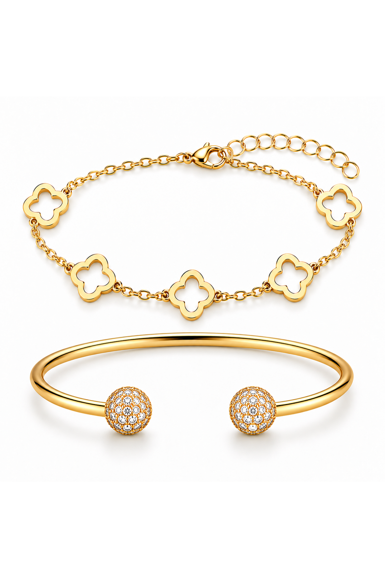 Gold-Tone Clover & Pave Ball Stacking Bracelet Set, Main, color, Gold
