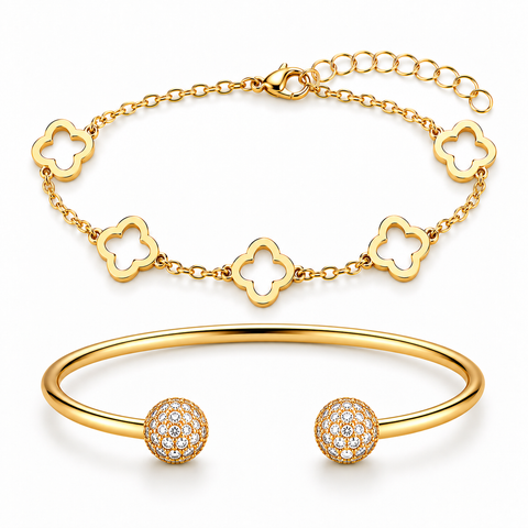 Gold-Tone Clover & Pave Ball Stacking Bracelet Set