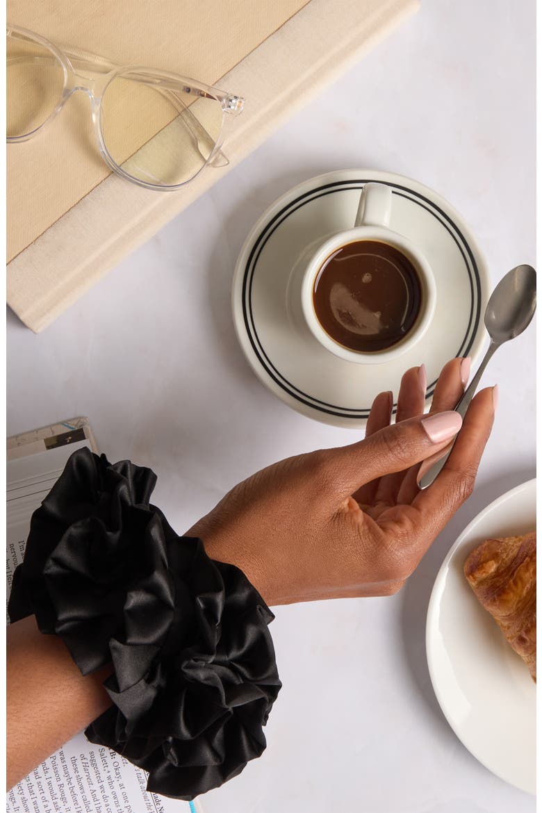 Satin Ruffle Scrunchie, Alternate, color, BLACK