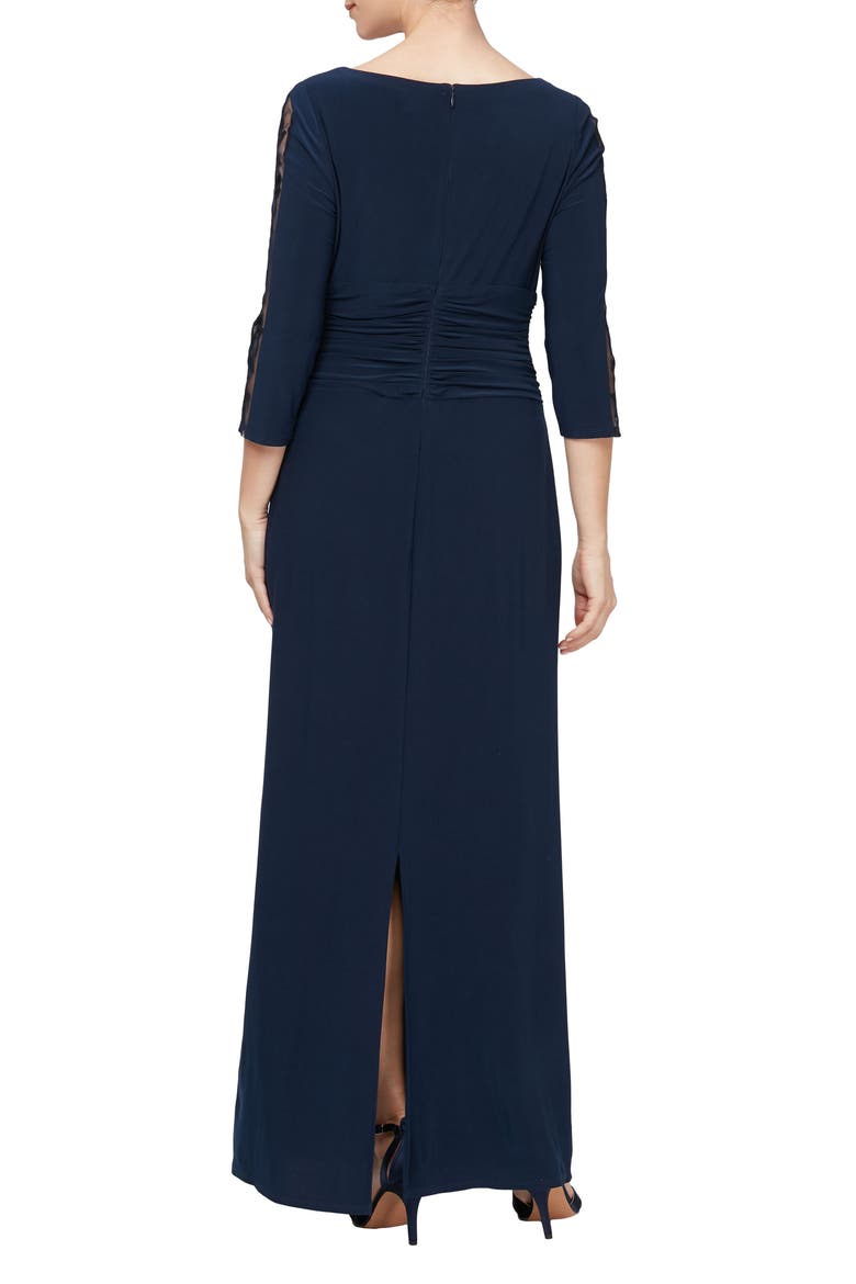 Ruched Waist Sheer Sleeve Gown, Alternate, color, NAVY