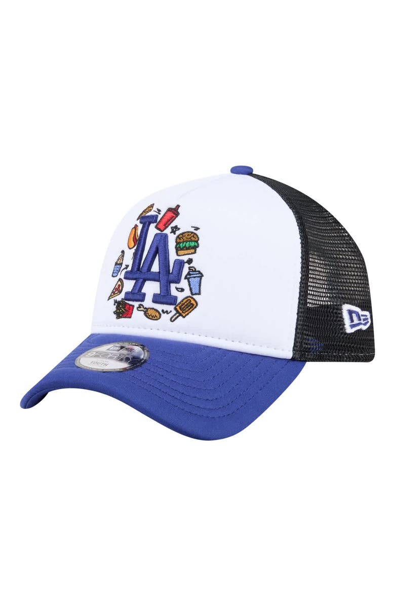 New Era Youth New Era White/Royal Los Angeles Dodgers Food A-Frame 9FORTY Trucker Adjustable Hat, Main, color, White