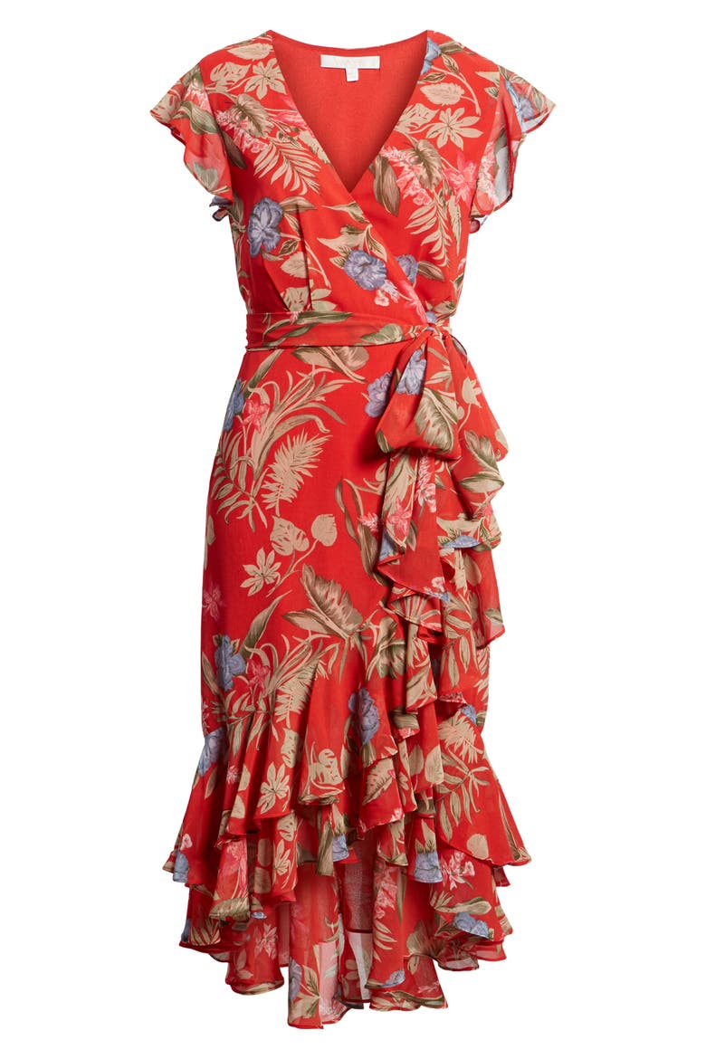 Clara Ruffle Wrap Dress, Alternate, color, RED TROPICAL