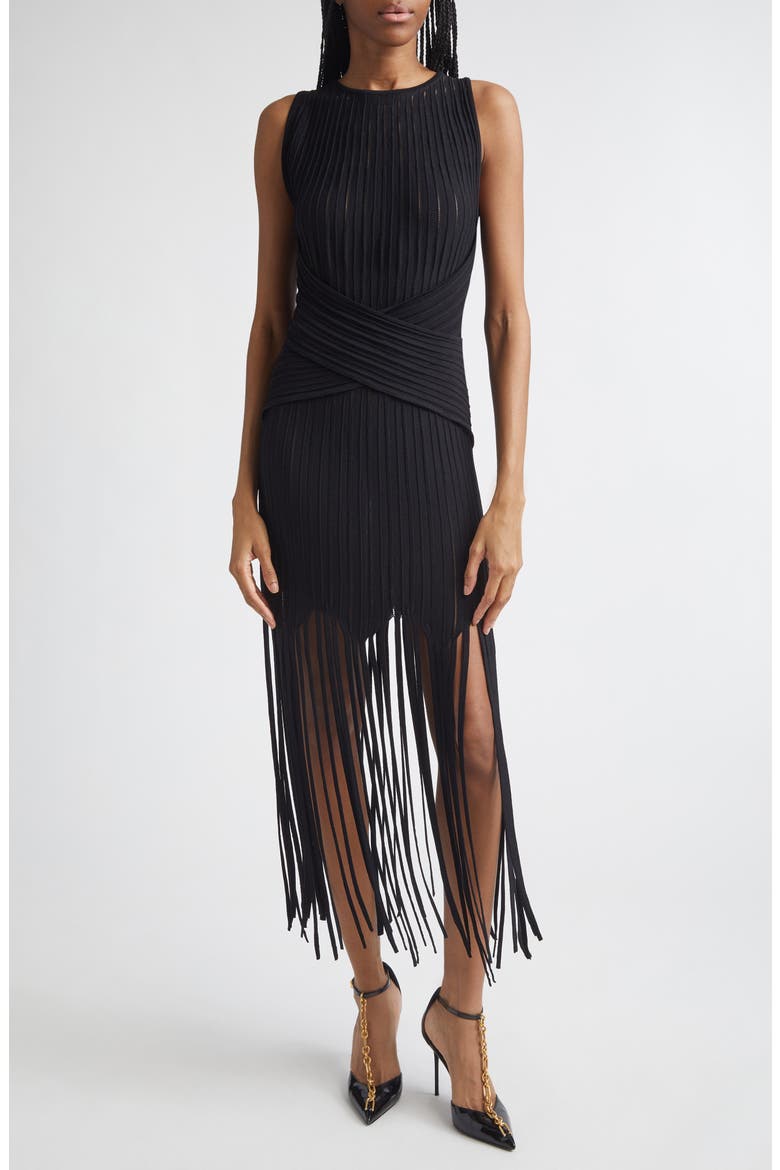 Fringed Pointelle Rib Sweater Dress, Main, color, 0PA BLACK