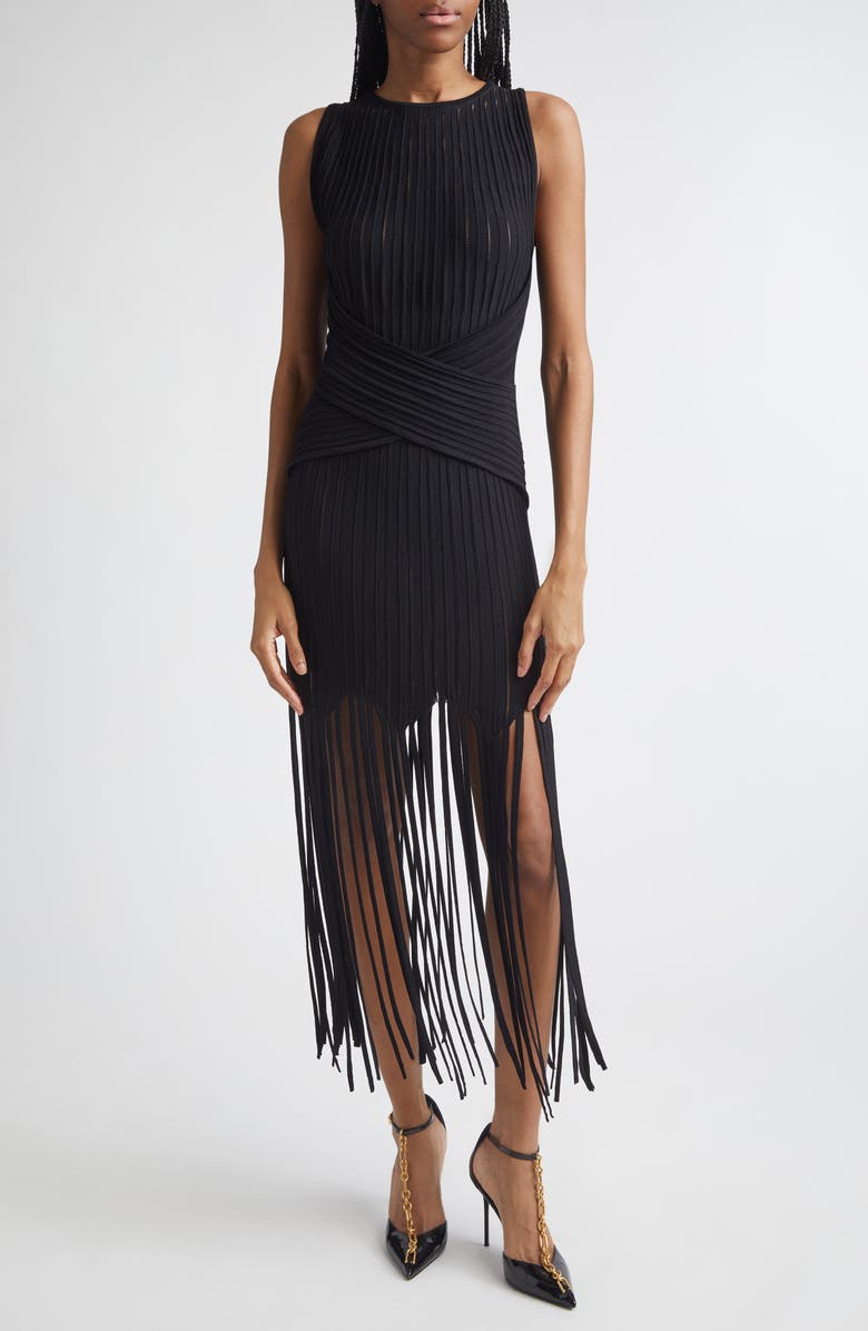 Balmain Fringed Pointelle Rib Sweater Dress, Main, color, 0Pa Black