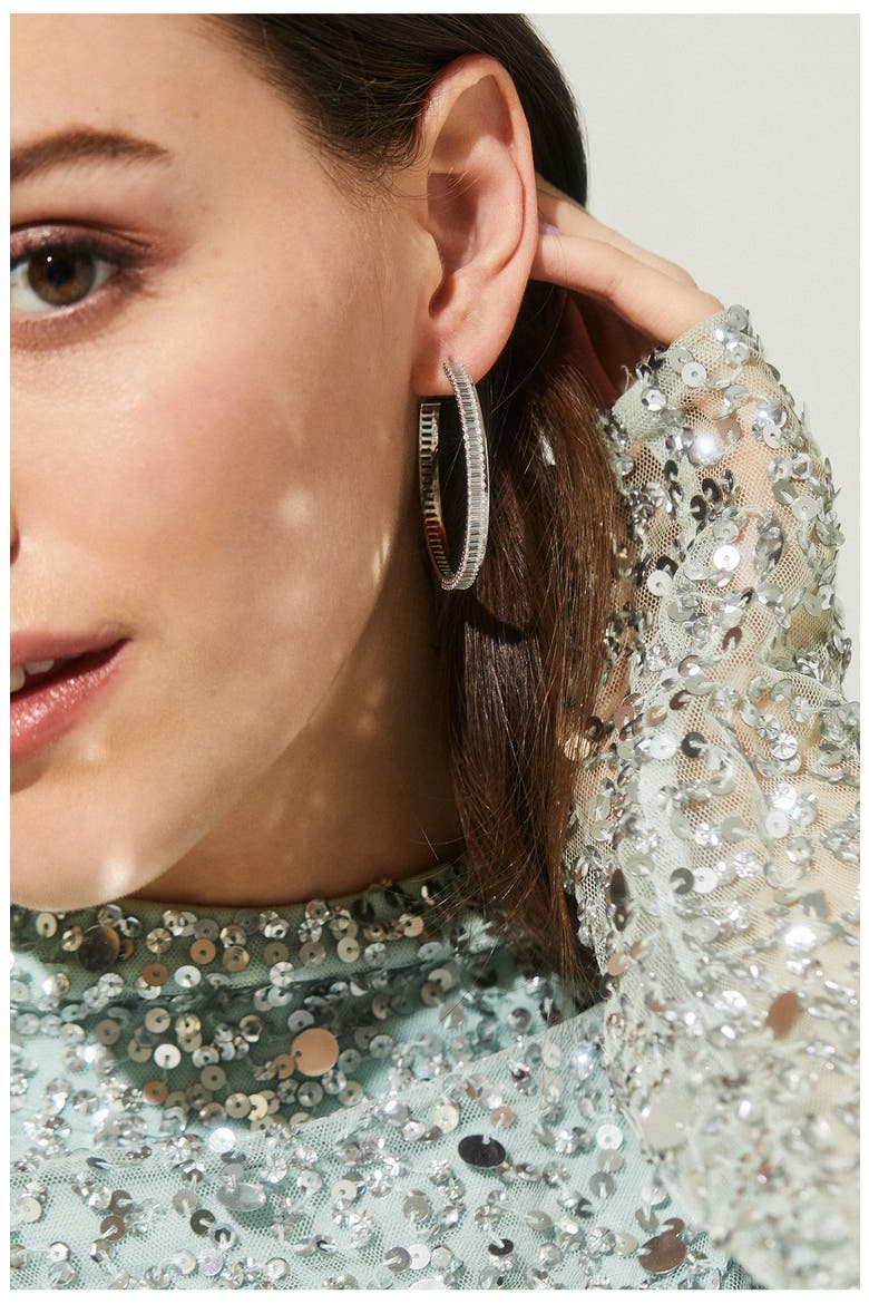 Large Disco Baguette Cubic Zirconia Hoop Earrings, Alternate, color, RHODIUM