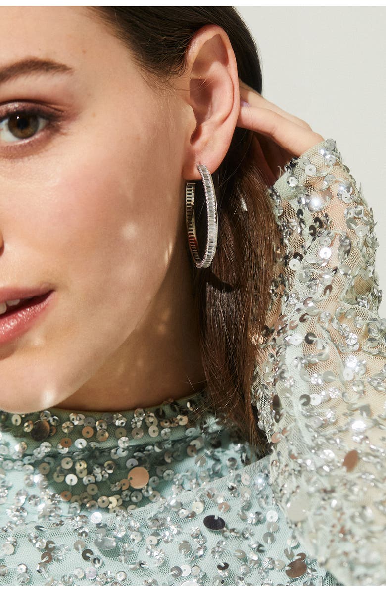 Nadri Large Disco Baguette Cubic Zirconia Hoop Earrings, Alternate, color, Rhodium