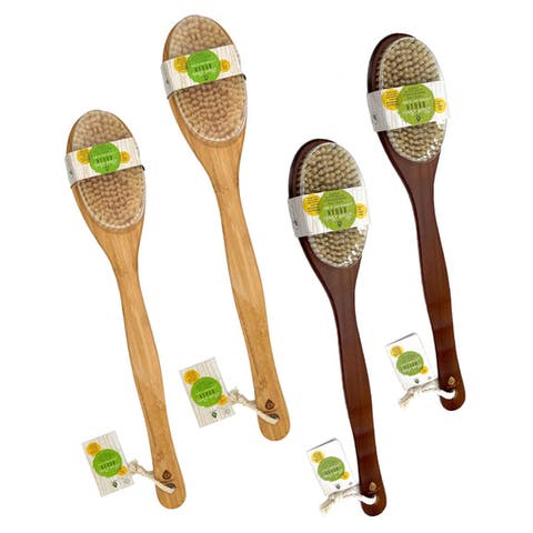 Bath Body Brush With Long Wood Handle 4-Piece Family Pack (2 Natural Color and 2 Dark Wood)