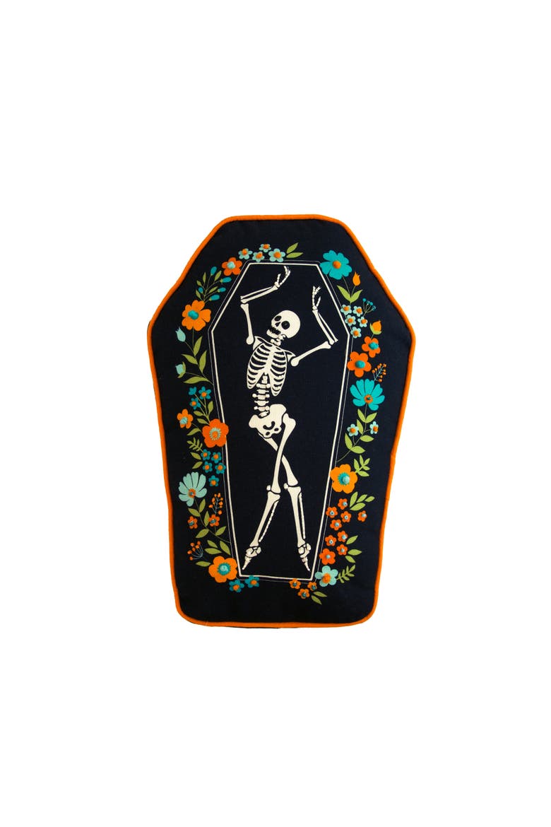 Dancing Halloween Skeleton Floral Flowers 100% Cotton Accent Pillow 12.5" x 18", Main, color, Black