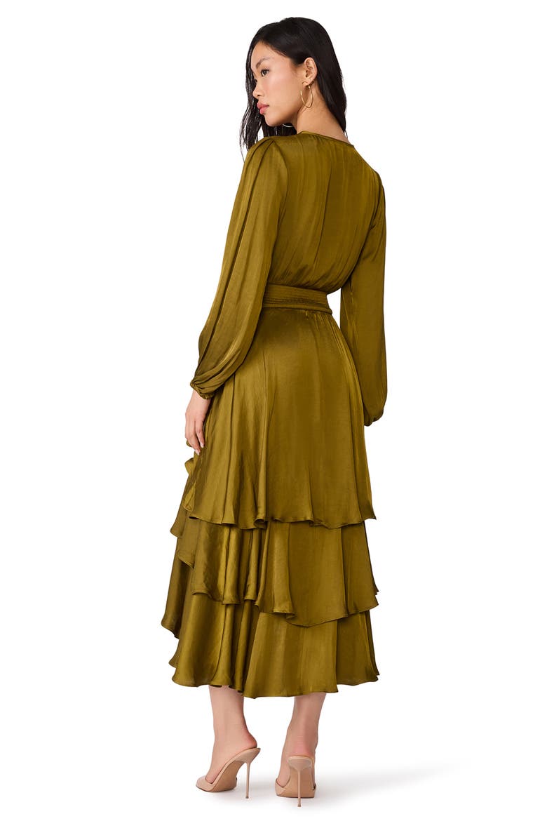 Bei Long Sleeve Tiered Satin Midi Dress, Alternate, color, FIR GREEN