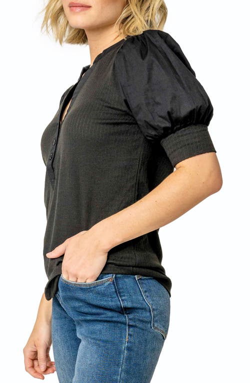 Gibsonlook Puff Sleeve Mixed Media Top In Black