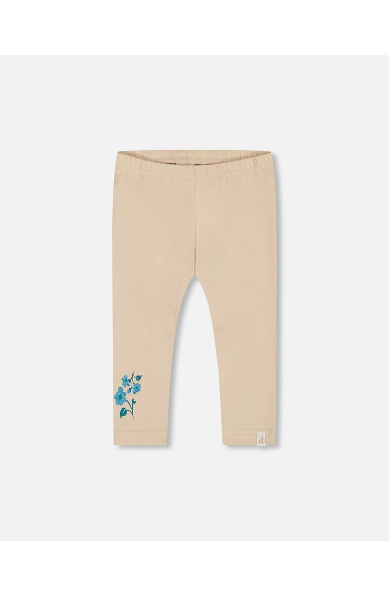 Deux par Deux Little Girl's Organic Cotton Legging Beige With Blue Flowers, Main, color, 