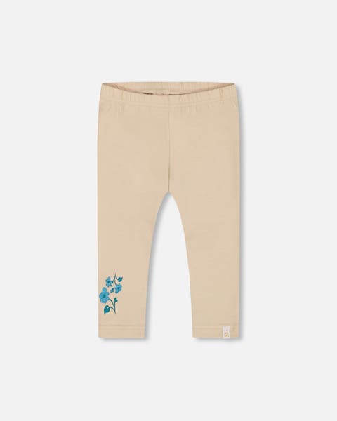 Little Girl's Organic Cotton Legging Beige With Blue Flowers