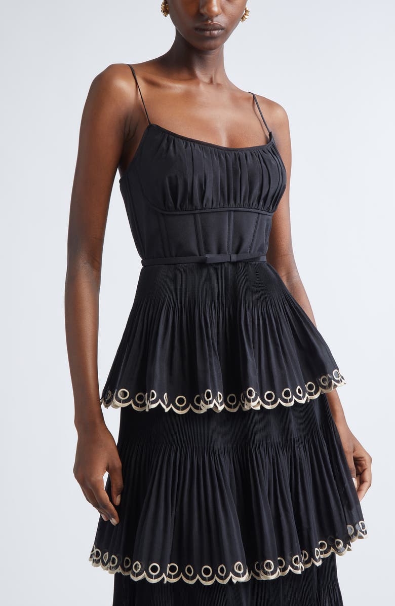 Zimmermann Scalloped Eyelet Trim Tiered Midi Dress, Alternate, color, Black