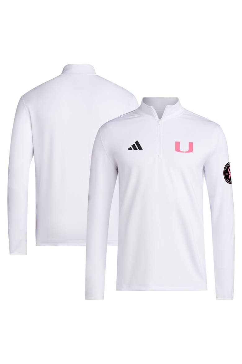 Men's adidas White Miami Hurricanes Wear Pink Quarter-Zip Pullover, Main, color, White