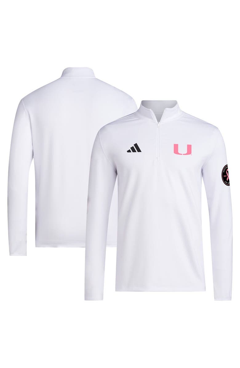 adidas Men's adidas White Miami Hurricanes Wear Pink Quarter-Zip Pullover, Main, color, White