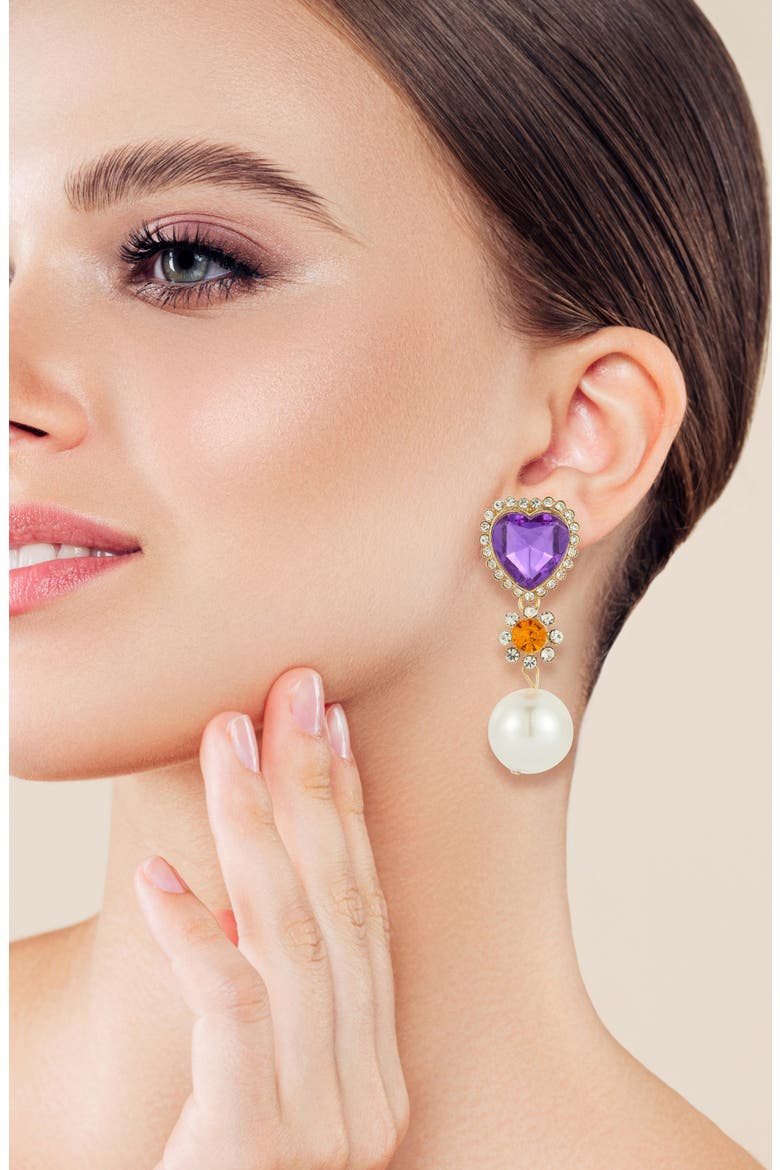Heart Cubic Zirconia & Imitation Pearl Drop Earrings, Alternate, color, MULTI/PURPLE