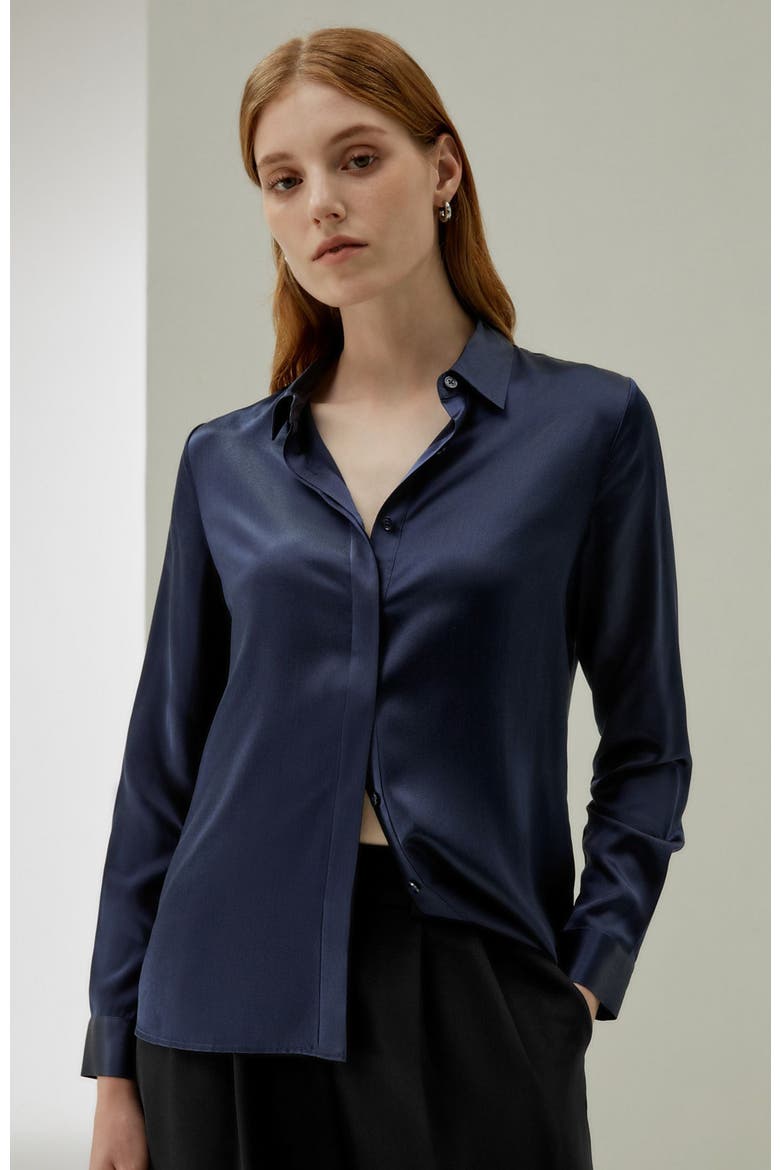 Women's Basic Concealed Placket Silk Shirt, Alternate, color, Navy blue