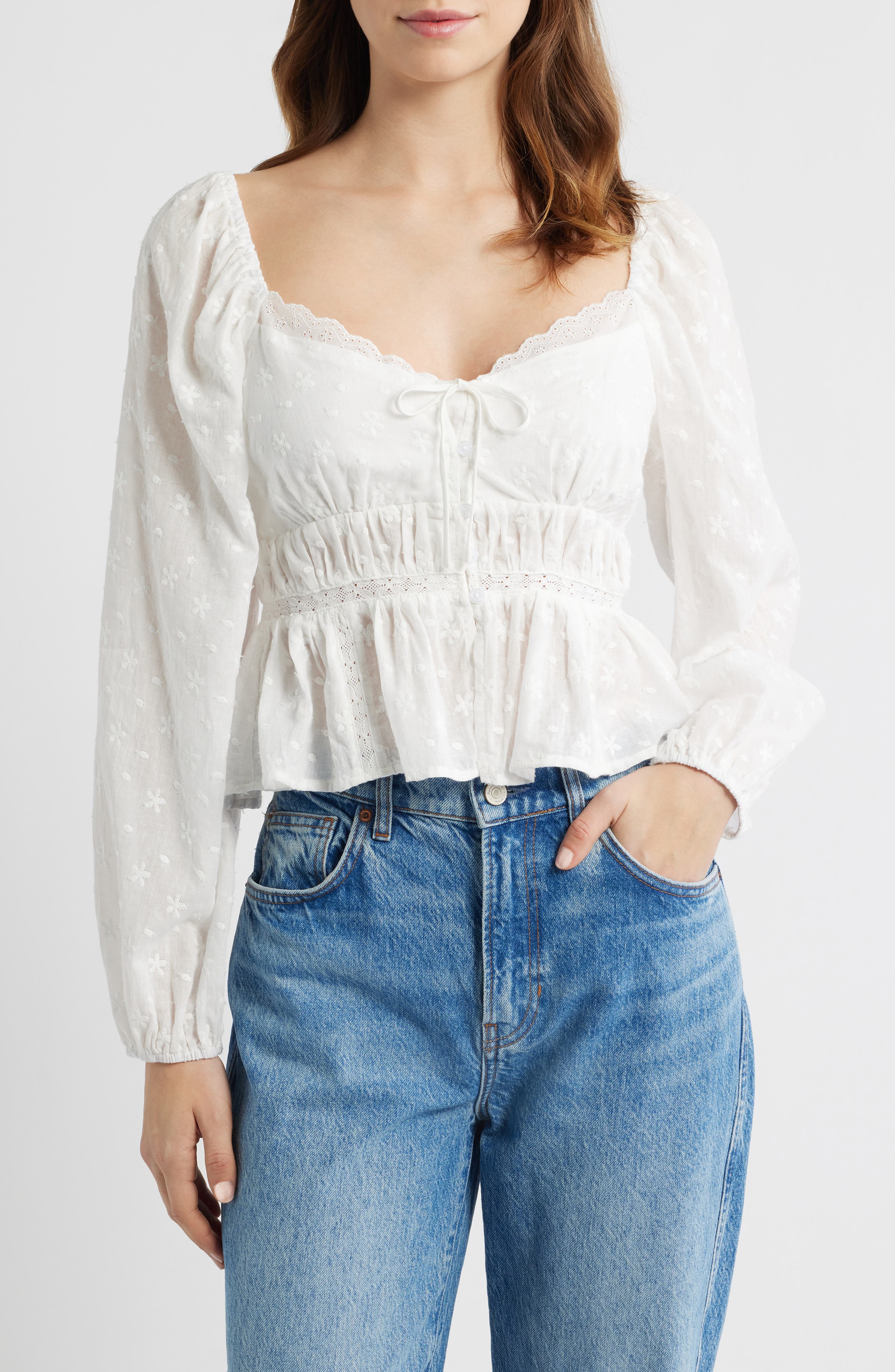 Embroidered Long Sleeve Peplum Top