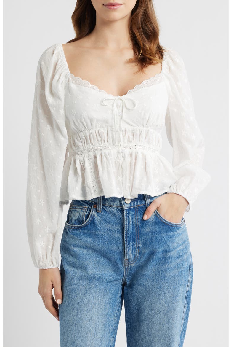 Embroidered Long Sleeve Peplum Top, Main, color, WHITE