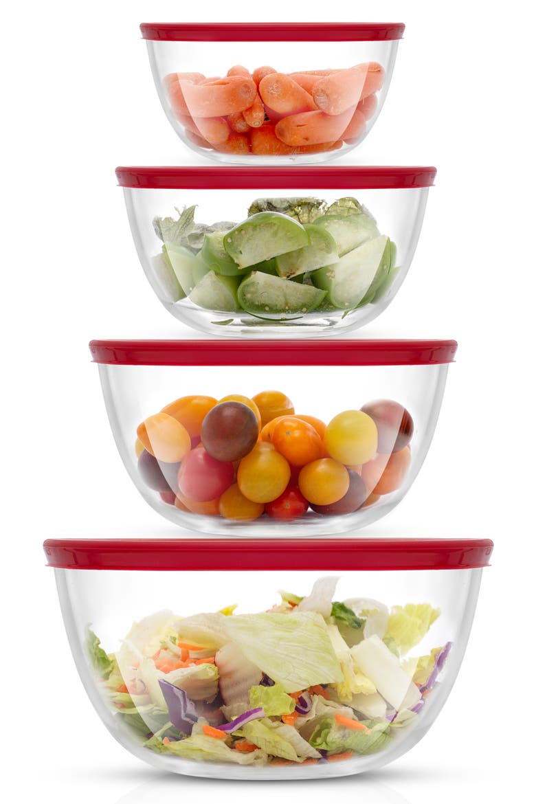Set of 4 Thick Glass Mixing Bowls with Airtight Lids, Alternate, color, RED