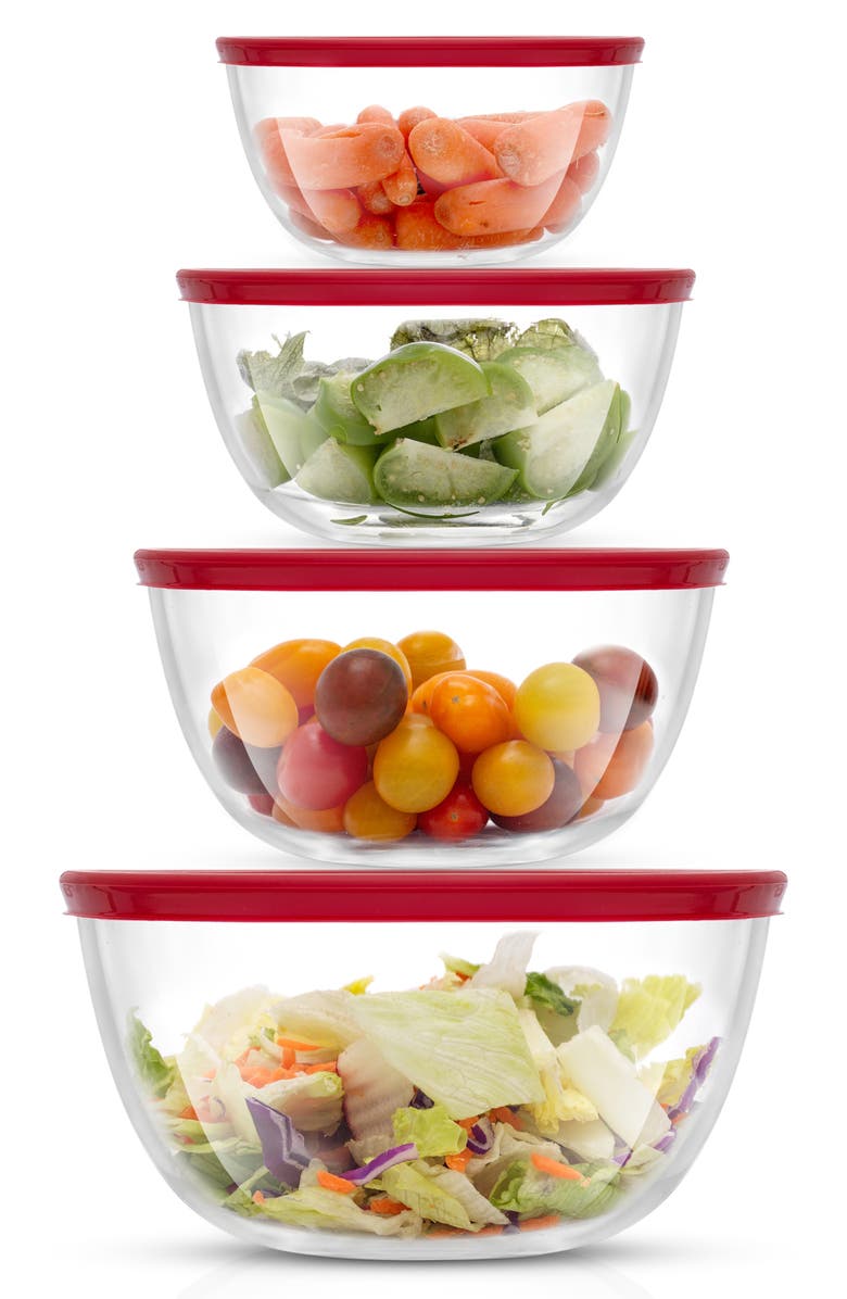 JoyJolt Set of 4 Thick Glass Mixing Bowls with Airtight Lids, Alternate, color, Red