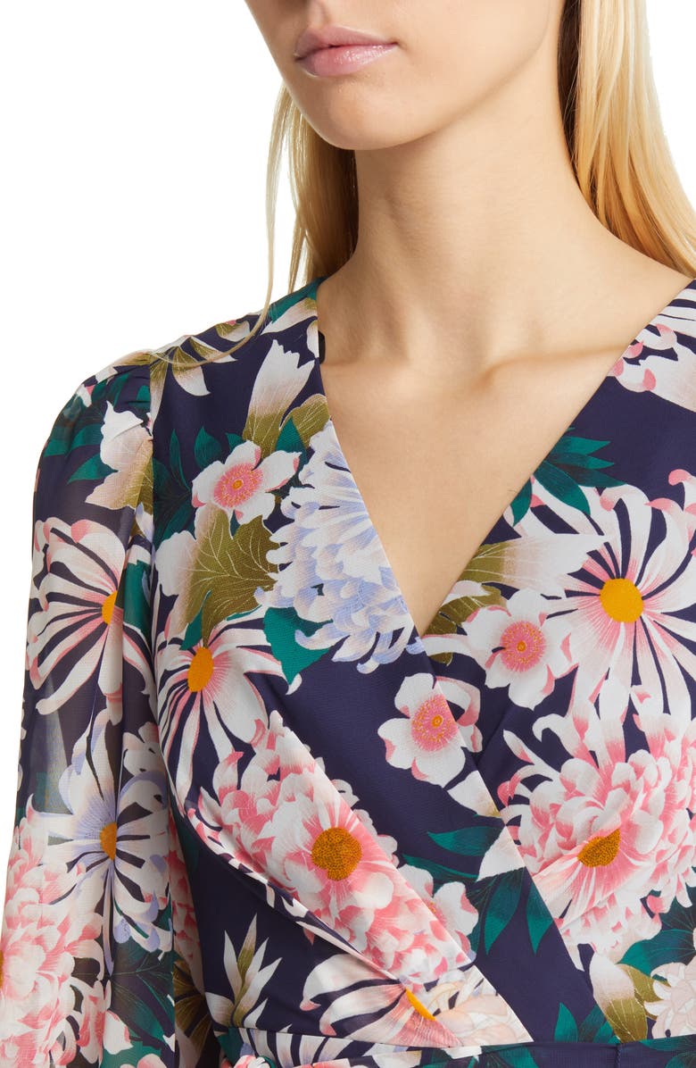 Eliza J Floral Long Sleeve High-Low Faux Wrap Dress, Alternate, color,