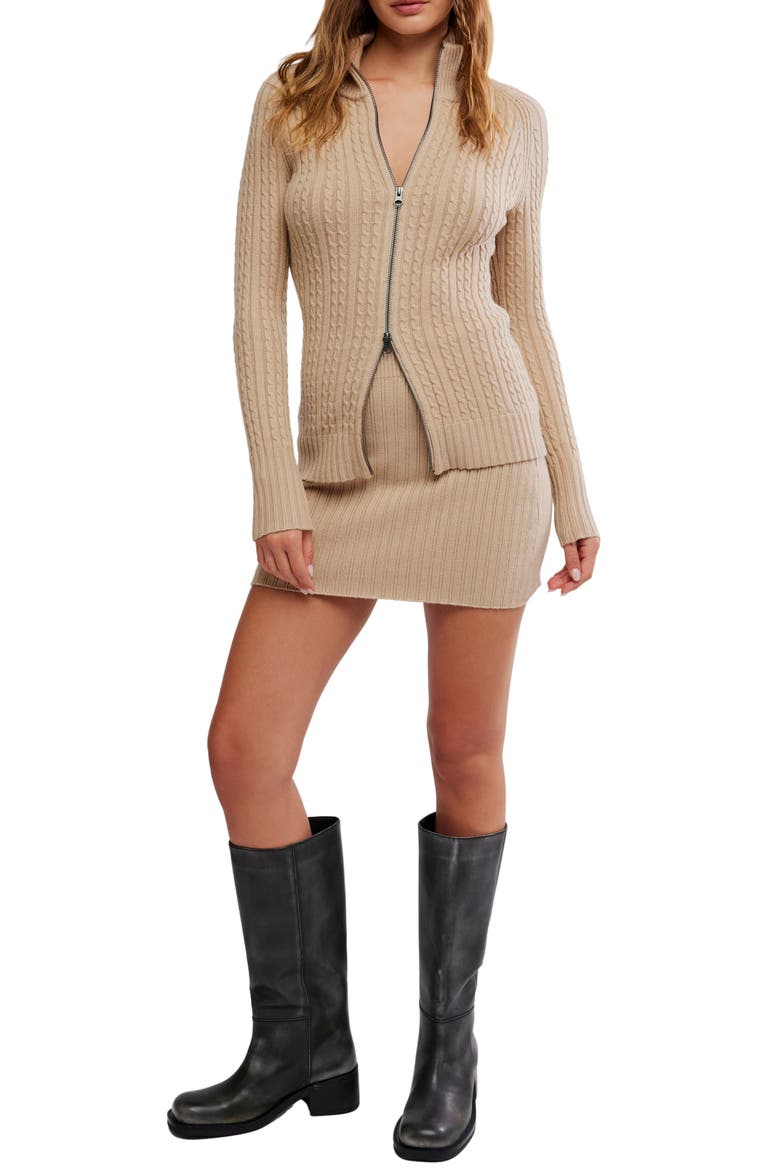 Eliza Cable Zip-Up Cardigan & Rib Miniskirt Set, Main, color, SMOOTH STONE