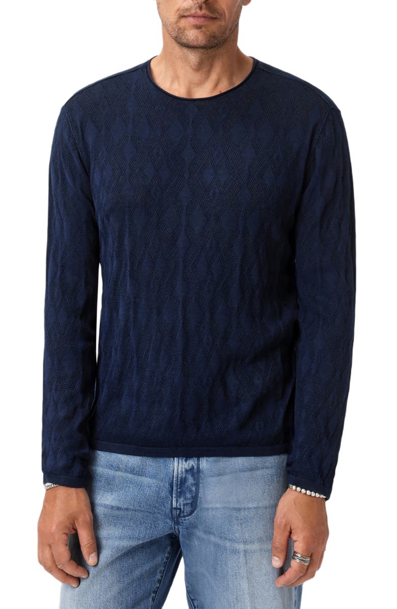 John Varvatos Brycen Broken Argyle Organic Cotton Sweater, Main, color, Navy