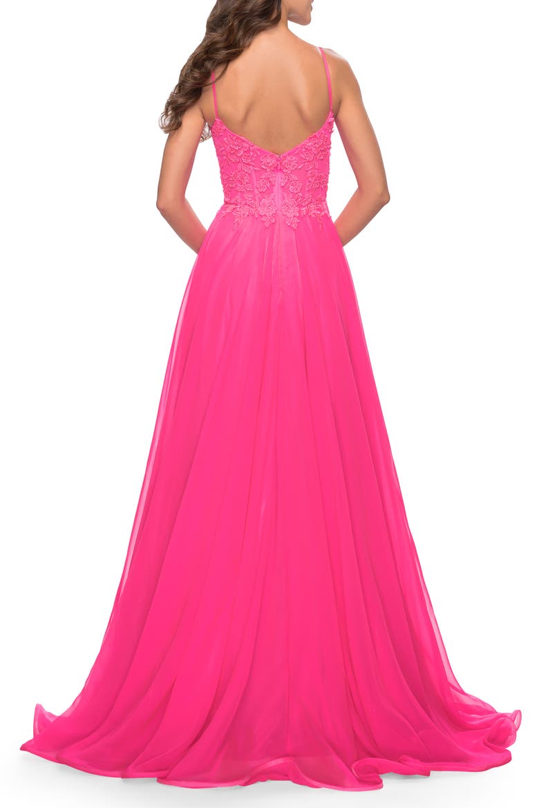 A-line Gown with Sheer Floral Embellished Bodice in Neon Pink, Alternate, color, Neon Pink