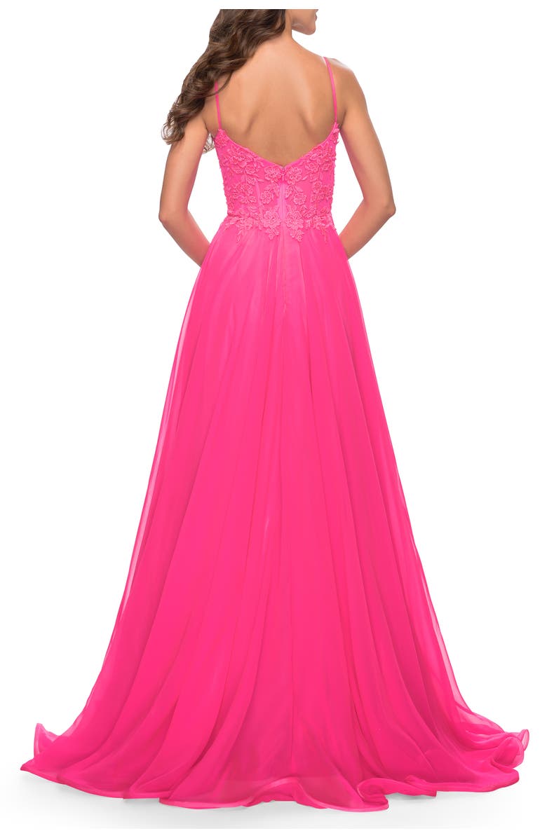 La Femme A-line Gown with Sheer Floral Embellished Bodice in Neon Pink, Alternate, color, Neon Pink