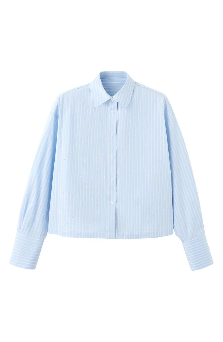 MANGO Rhinestone Detail Stripe Cotton Blend Button-Up Shirt, Alternate, color, Sky Blue