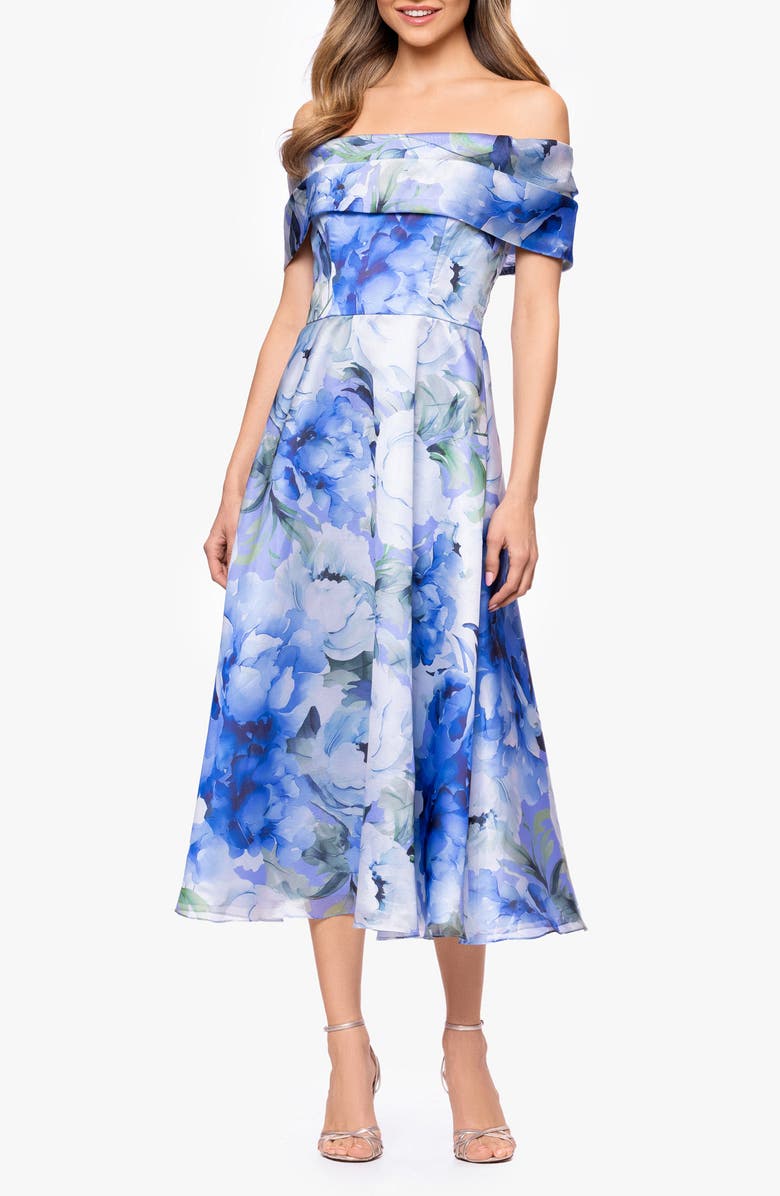Betsy & Adam Floral Print Organza Party Dress, Main, color, Blue/ Multi