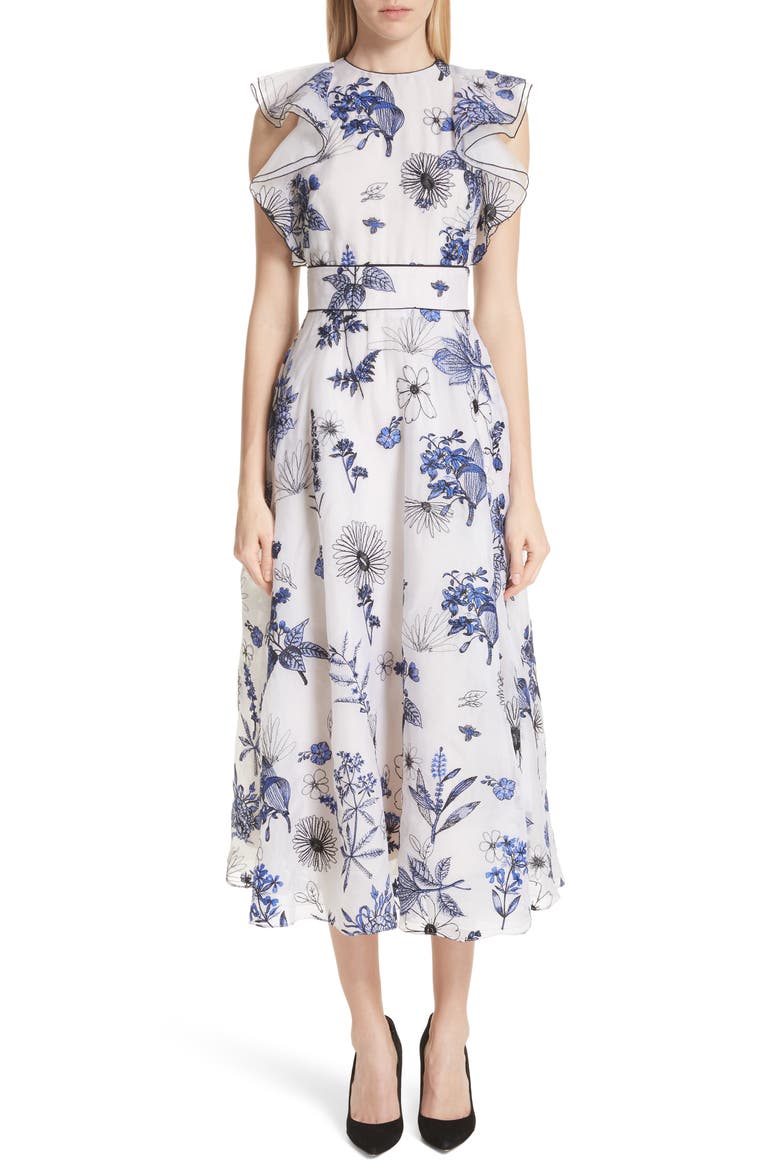 Embroidered Silk Ruffle Midi Dress, Main, color, IVORY / COBALT