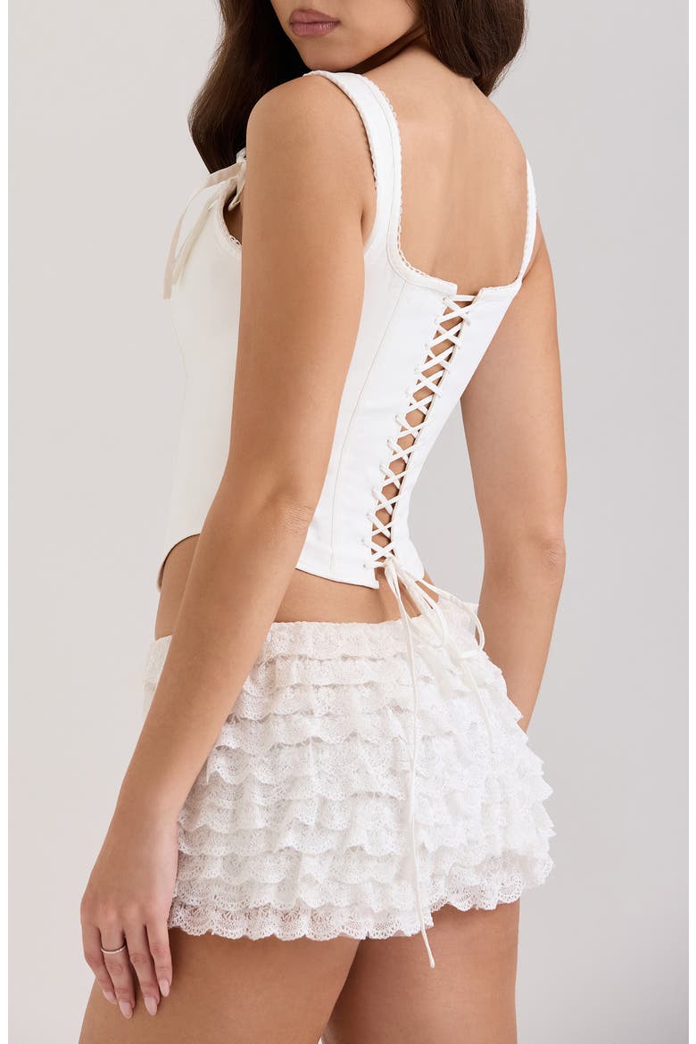 Kikki Bow Crop Lace-Up Stretch Cotton Twill Corset Top, Alternate, color, WHITE