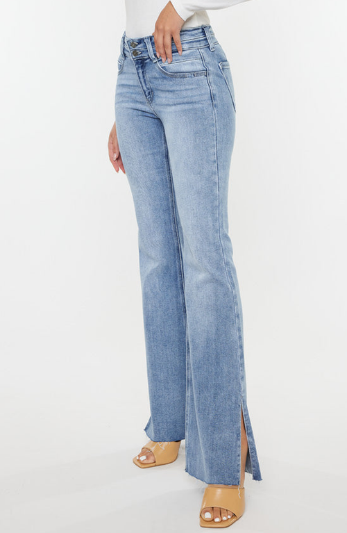 Kancan Mid Rise Double Waist Band Flare Jeans In Medium Wash In Medium Wash