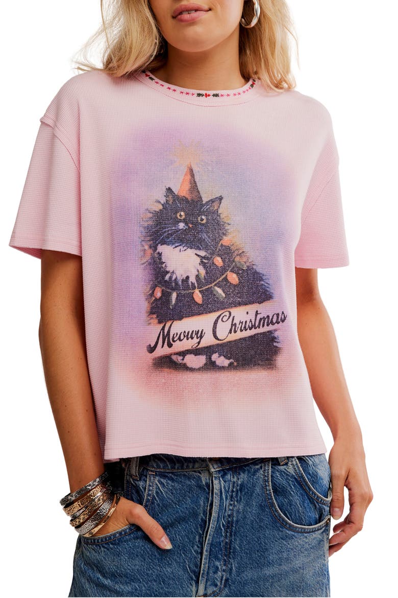 Merry Holiday Waffle Knit Cotton Graphic T-Shirt, Main, color, PINK COMBO