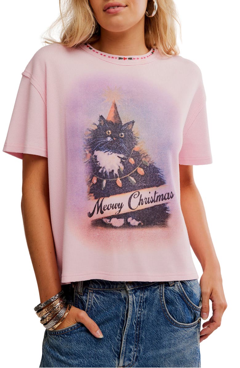 Free People Merry Holiday Waffle Knit Cotton Graphic T-Shirt, Main, color, Pink Combo