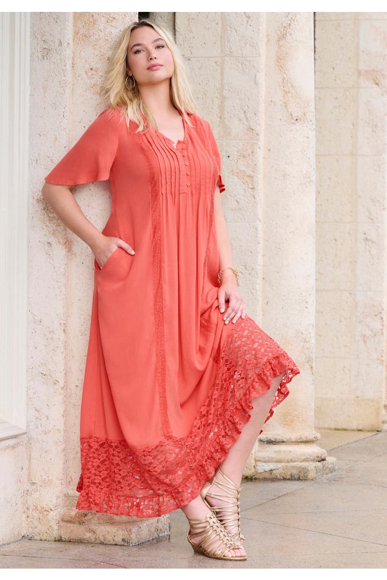 Hand Crinkled Lace Panelled Boho Dress, Alternate, color, DUSTY CORAL