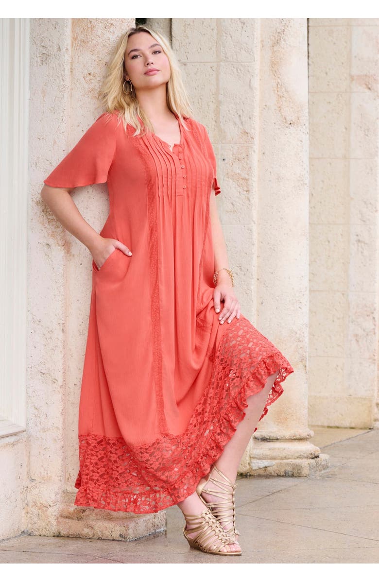 Roaman's Hand-Crinkled Lace-Panelled Boho Dress, Alternate, color, Dusty Coral