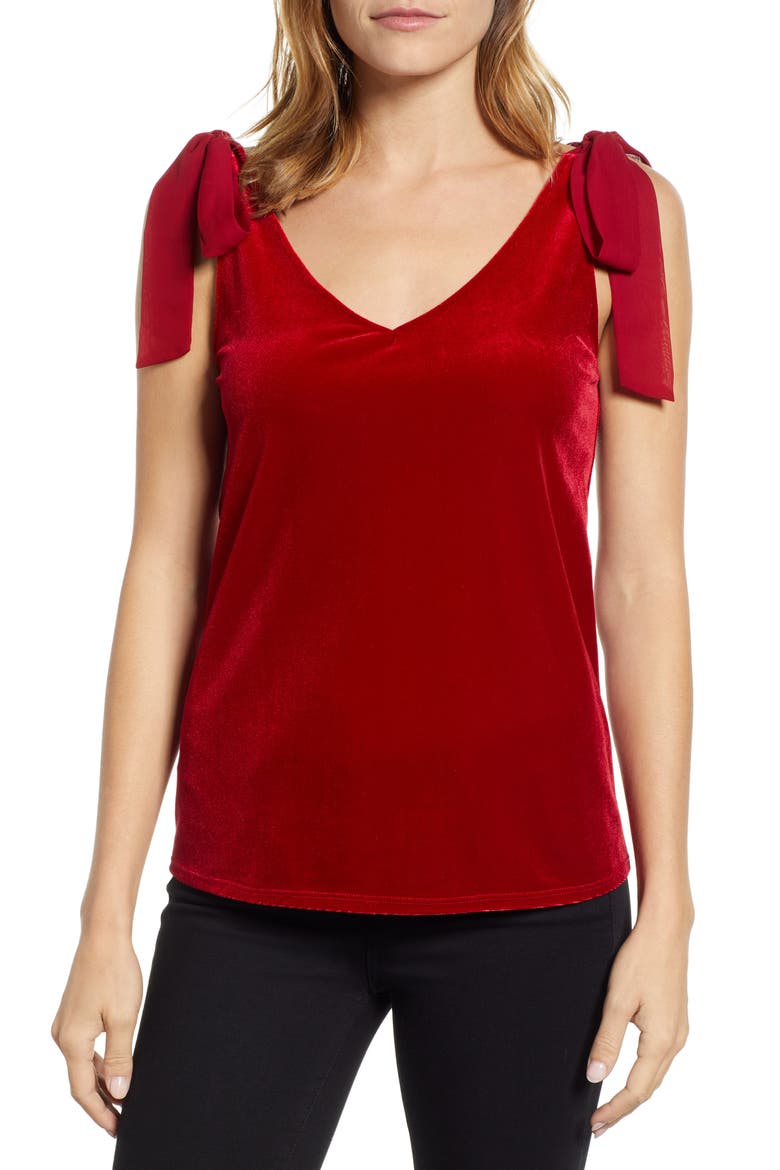 Gibson x Glam Squad Tara Bow Detail Velvet Top (Nordstrom Exclusive), Main, color, RED