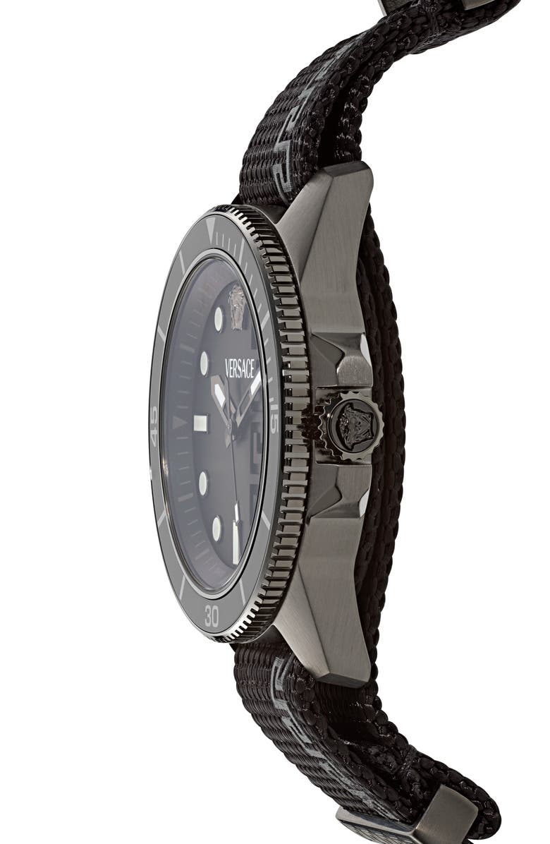 Versace Greca Force Fabric Strap Watch, 42mm, Alternate, color, Gunmetal