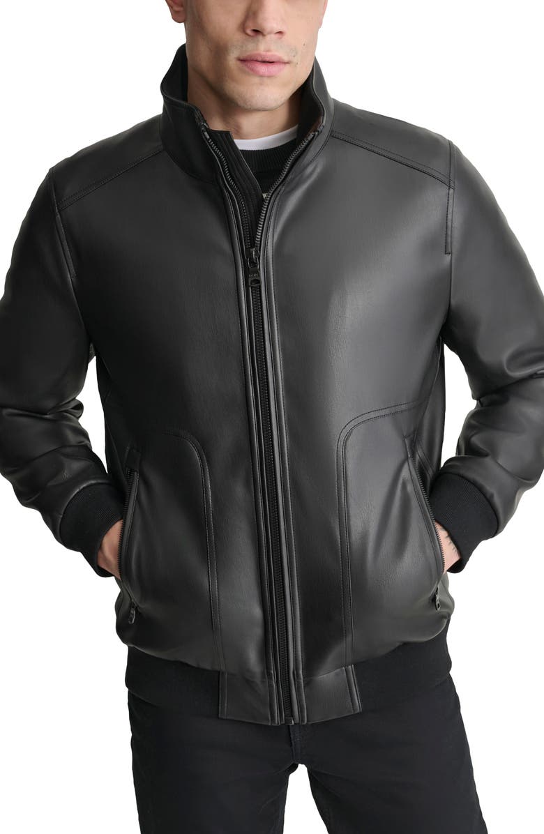 DKNY Faux Leather Bomber Jacket, Main, color, Black