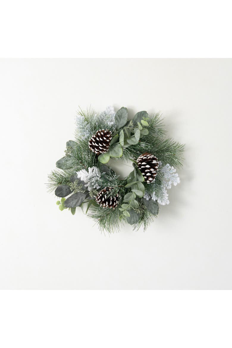 Sullivan's Christmas Snow Sugar Pine Candle Ring, Green Faux Floral Decor for Crafting, Weddings, Home and Holiday Decoration, 14 Inch, Main, color, Green