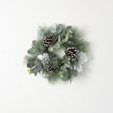 Sullivan's Christmas Snow Sugar Pine Candle Ring, Green Faux Floral Decor for Crafting, Weddings, Home and Holiday Decoration, 14 Inch