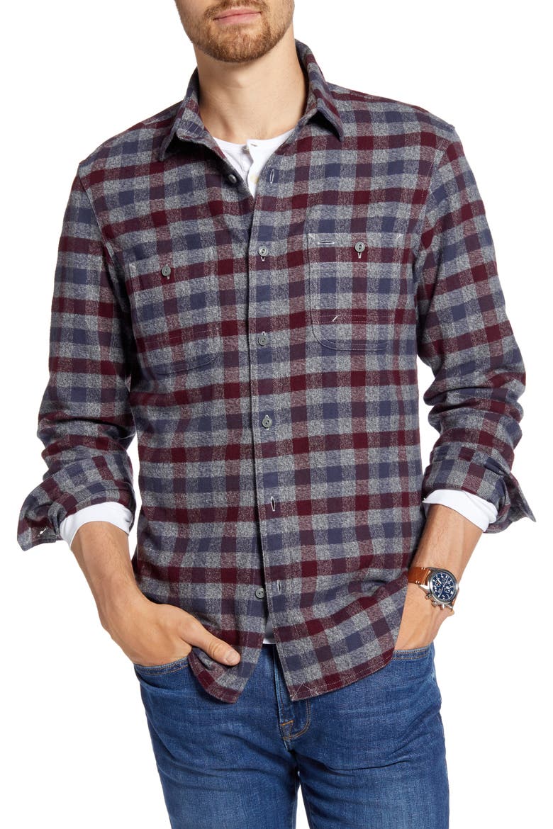 Trim Fit Plaid Flannel Button-Up Shirt, Alternate, color, GREY JASPE BURGUNDY CHECK