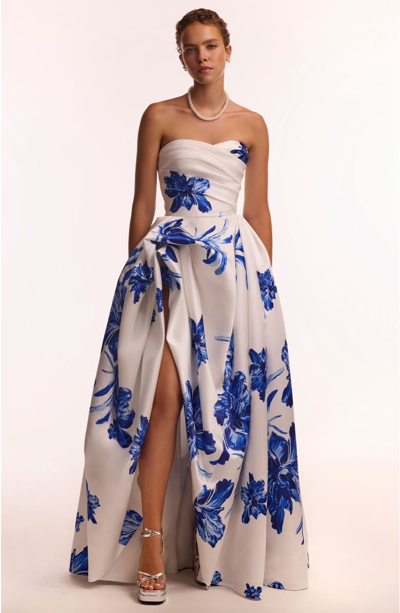Milla Strapless A-Line Floral Formal Occasion Maxi Dress in White & Blue, Alternate, color, White-Blue