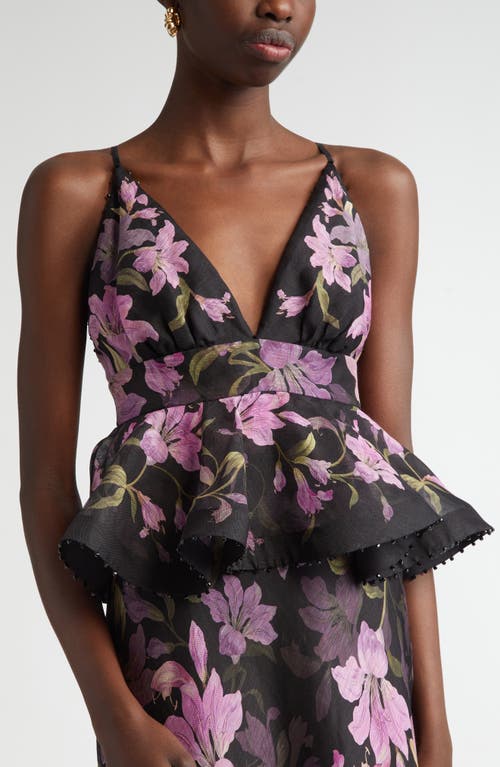 Zimmermann Dawning Bead-embellished Floral-print Linen And Silk-blend Peplum Maxi Dress In Black Lily