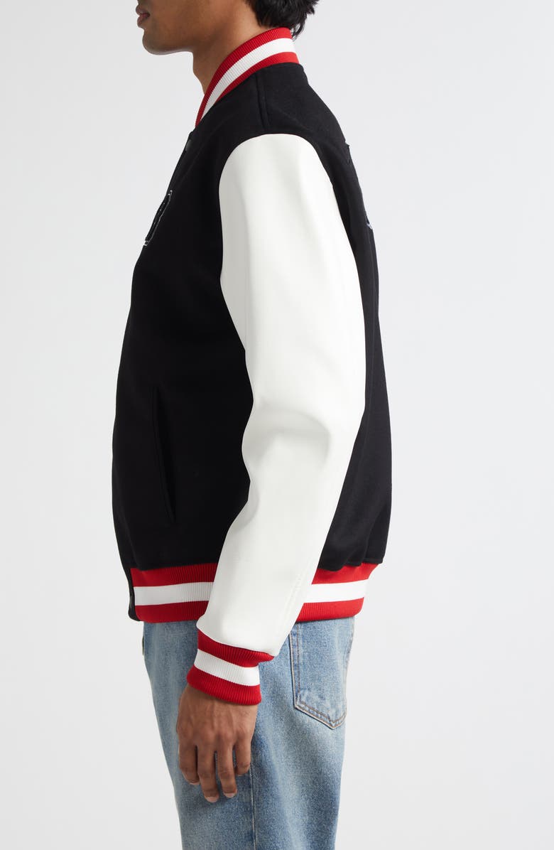 Balmain Logo Embellished Virgin Wool & Faux Leather Varsity Jacket, Alternate, color, Ebe Black/ White/ Red