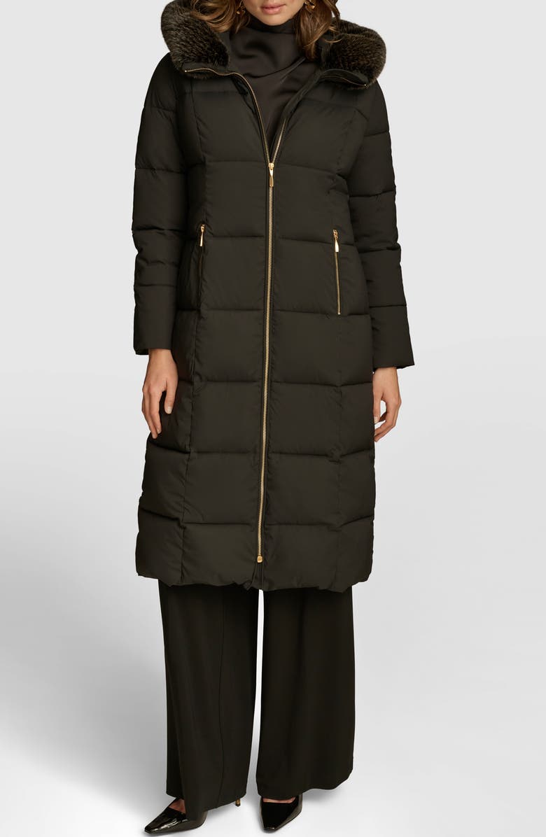 Donna Karan New York Long Hooded Puffer Coat with Faux Fur Trim, Main, color, 
