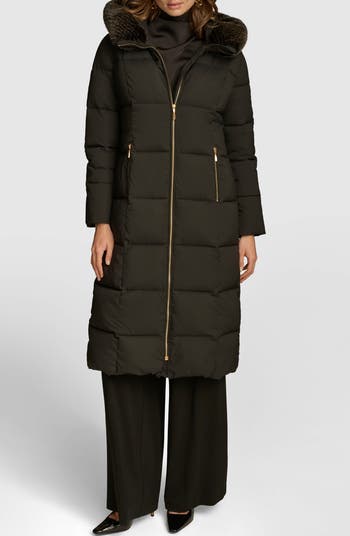 Donna Karan Women s Long Hooded Puffer Coat with Faux Fur Trim in Black Size Medium Polyester Spandex